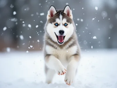 Happy Siberian Husky Puppy Running Through Snow