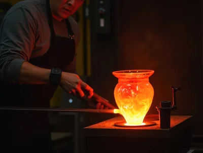 Glassblower Shaping Molten Glass Vase In Workshop