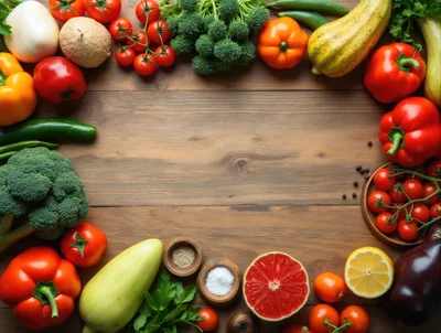 Fresh Vegetables and Fruits Arranged on Wooden Table
