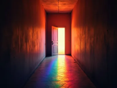 Open Doorway With Rainbow Light In Dark Hallway