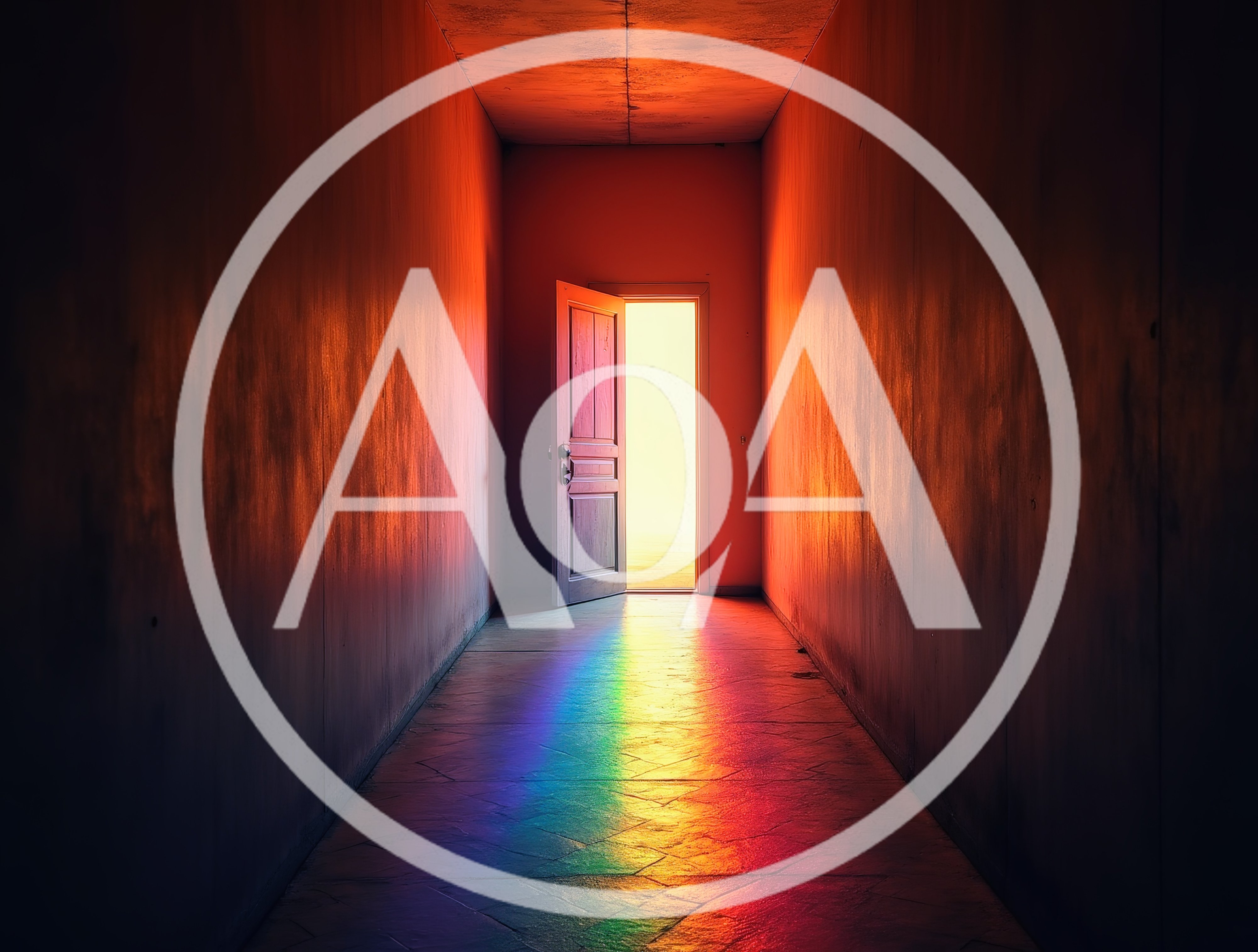 Open Doorway With Rainbow Light In Dark Hallway