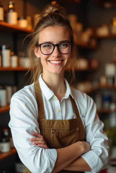Smiling Female Shop Assistant Wearing Apron
