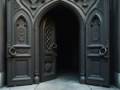 Ornate Gothic Double Doors Opening Into Dark Interior