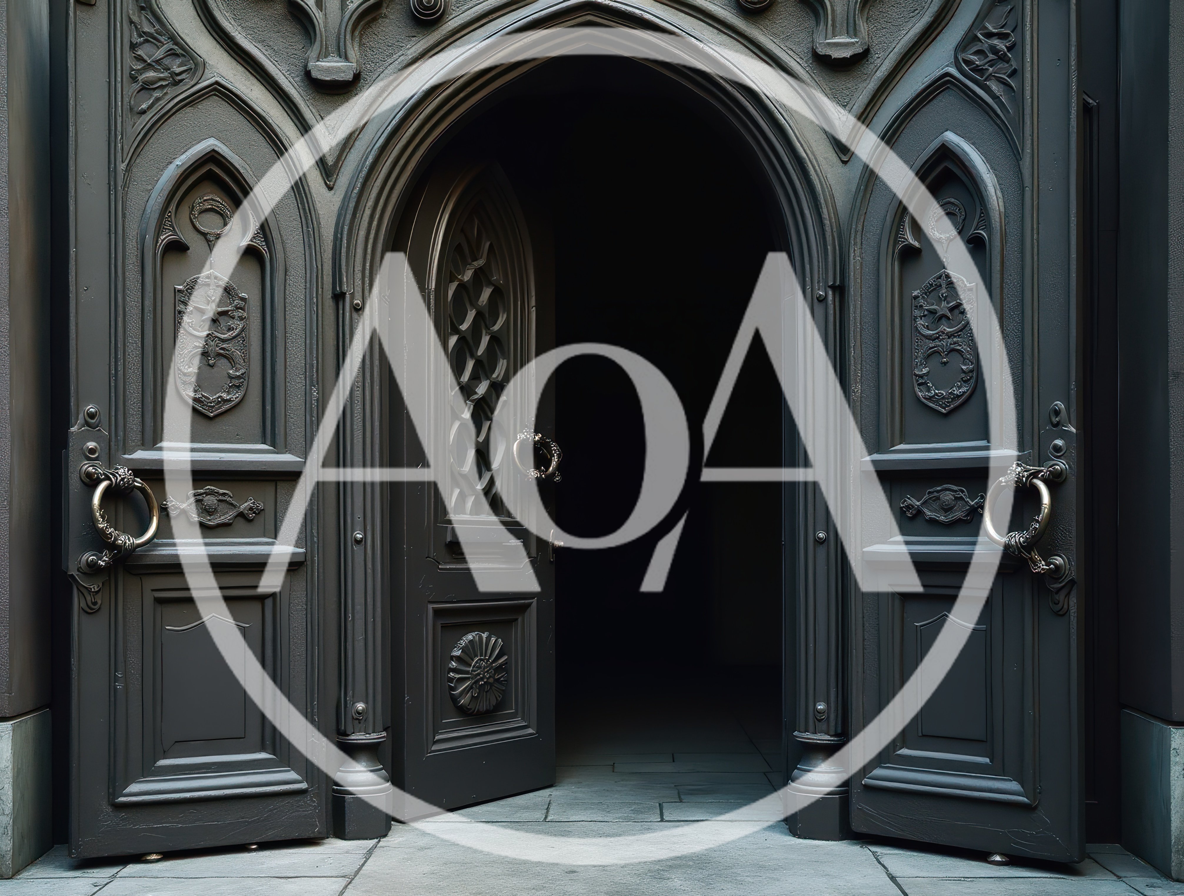 Ornate Gothic Double Doors Opening Into Dark Interior