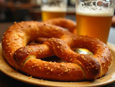 Fresh Soft Pretzel Served With Cold Beer