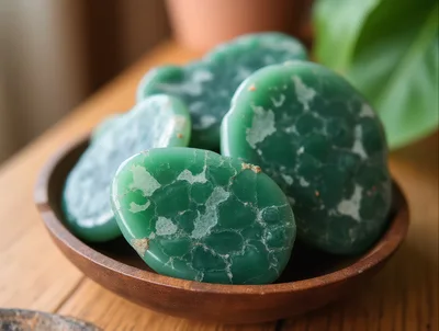 Polished Green Jade Stones In A Wooden Bowl