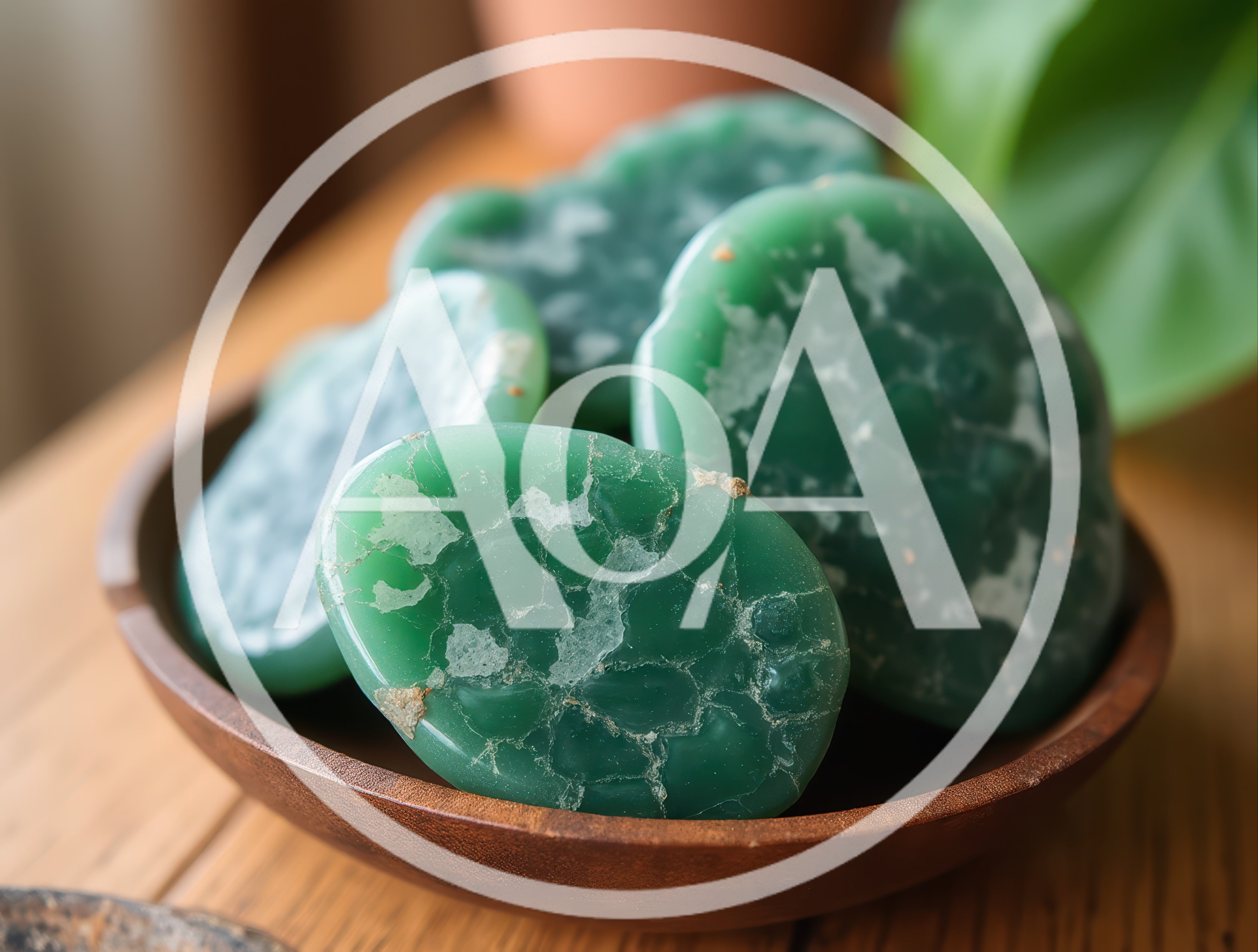 Polished Green Jade Stones In A Wooden Bowl