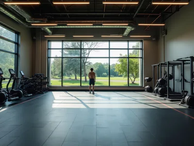 Shirtless Man Standing In A Modern Gym Looking Outside