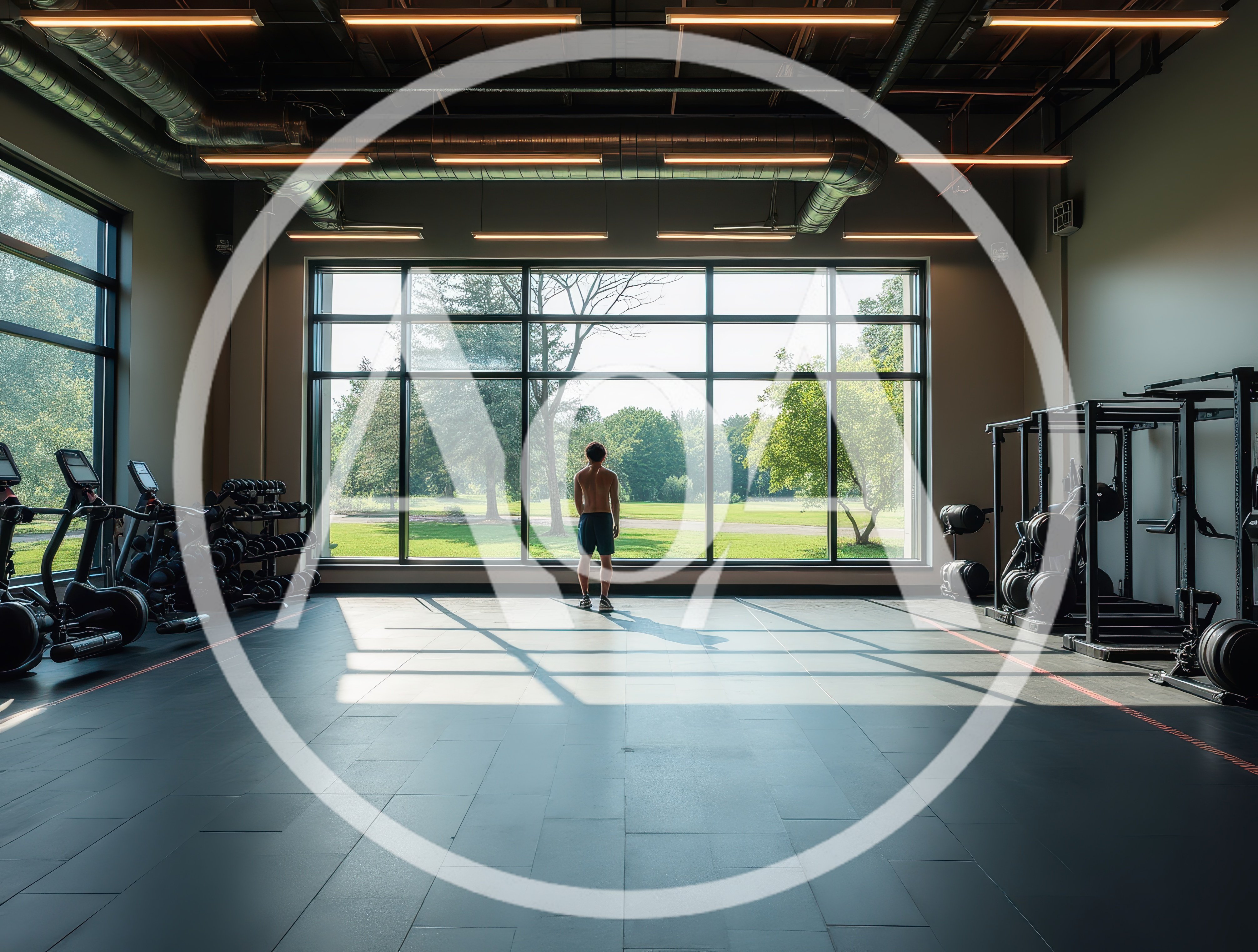 Shirtless Man Standing In A Modern Gym Looking Outside