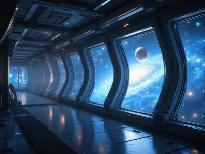Futuristic Spaceship Corridor With Panoramic Galaxy View
