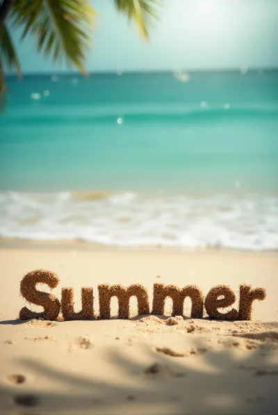 Summer Text Written In Sand On Tropical Beach