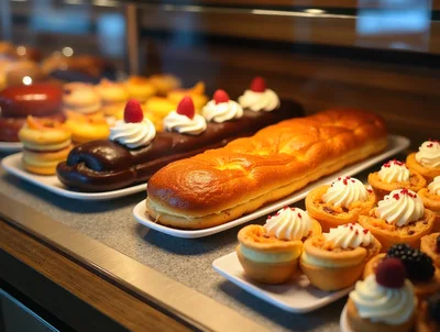 Assorted Gourmet Pastries Displayed In A Bakery Showcase