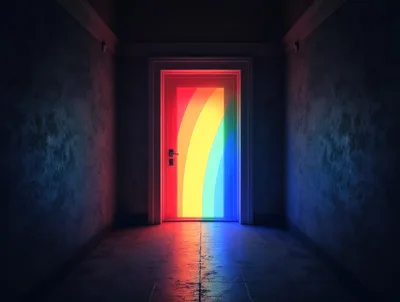 Glowing Rainbow Light Shining Through A Closed Door