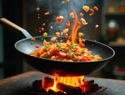 Stir Fry Vegetables Cooking In A Wok Over Fire