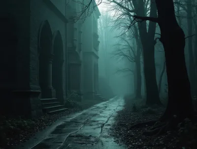 Gothic Building Exterior Along A Foggy Forest Path
