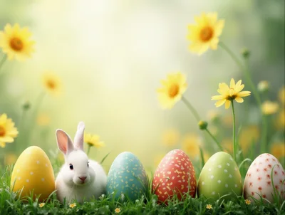 Cute White Bunny Sitting With Colorful Easter Eggs