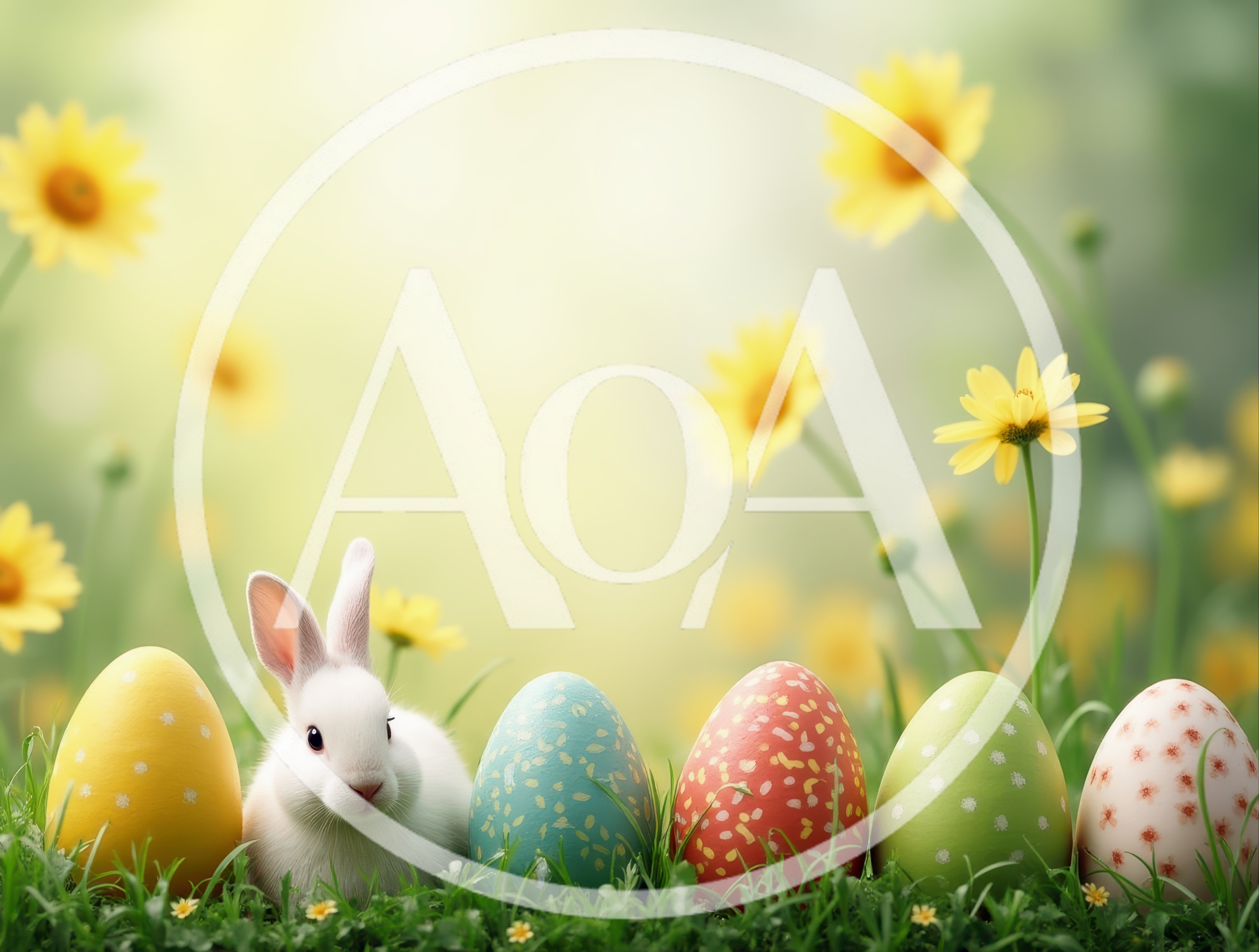 Cute White Bunny Sitting With Colorful Easter Eggs