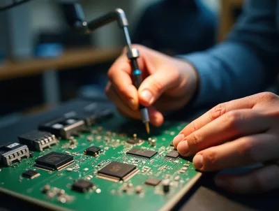 Technician Repairing Electronic Circuit Board With Precision Tool