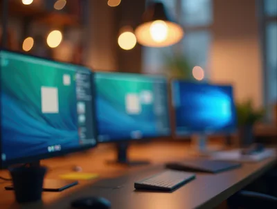 Modern Office Workspace With Multiple Computer Monitors