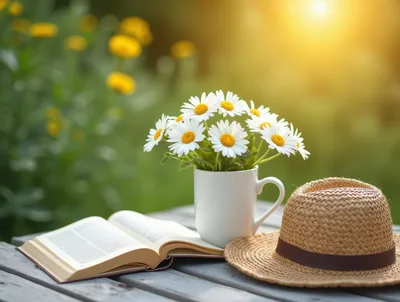 Open Book and Daisy Bouquet on Garden Table