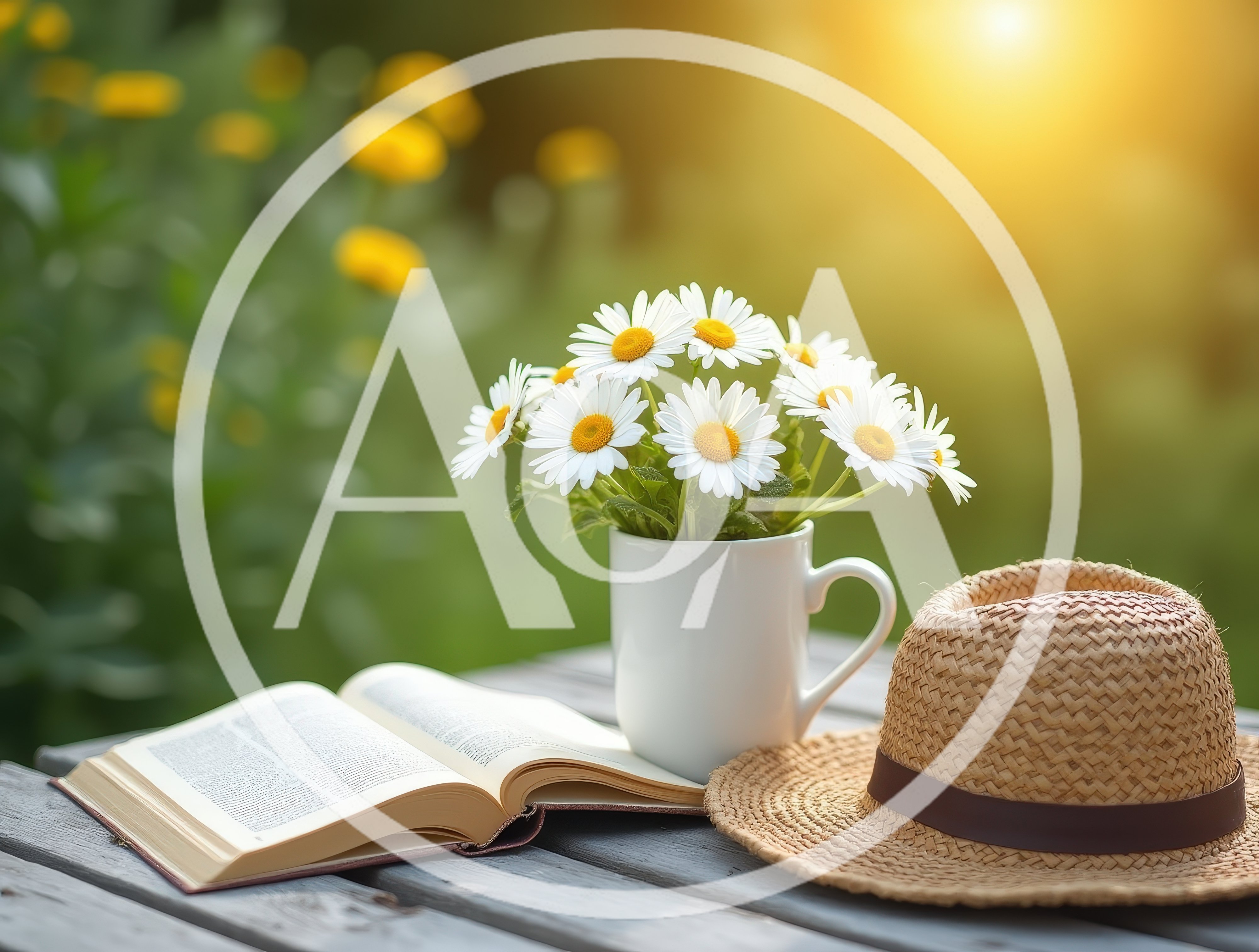 Open Book and Daisy Bouquet on Garden Table