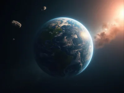 Earth Planet View From Space With Asteroids