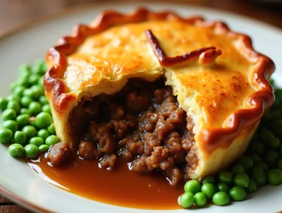 Savory Meat Pie Served With Green Peas