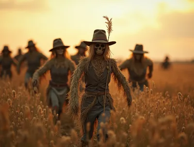 Group Of Creepy Scarecrows Walking Through A Golden Field