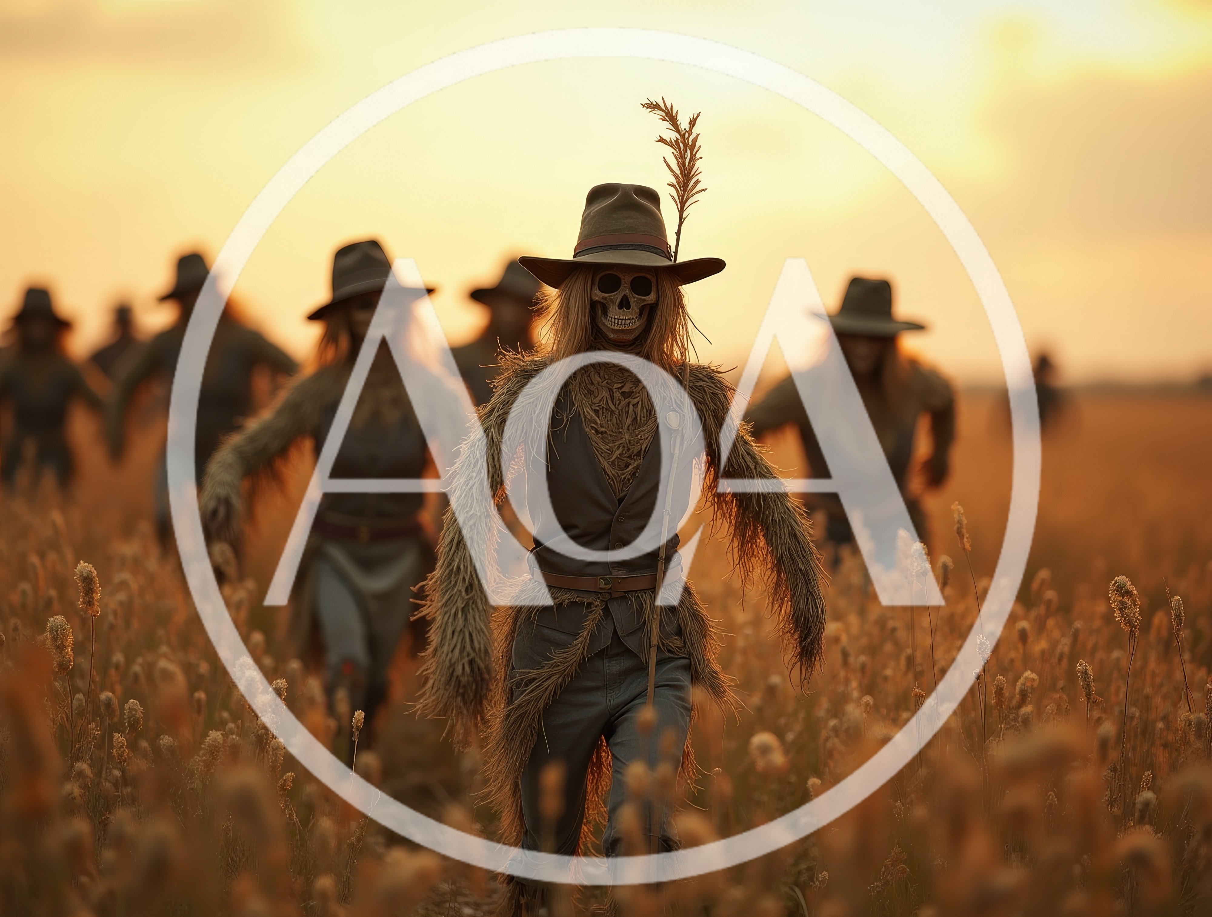Group Of Creepy Scarecrows Walking Through A Golden Field