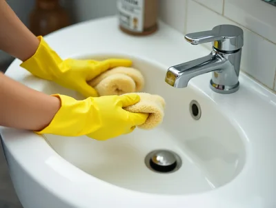 Person Cleaning Bathroom Sink With Yellow Rubber Gloves