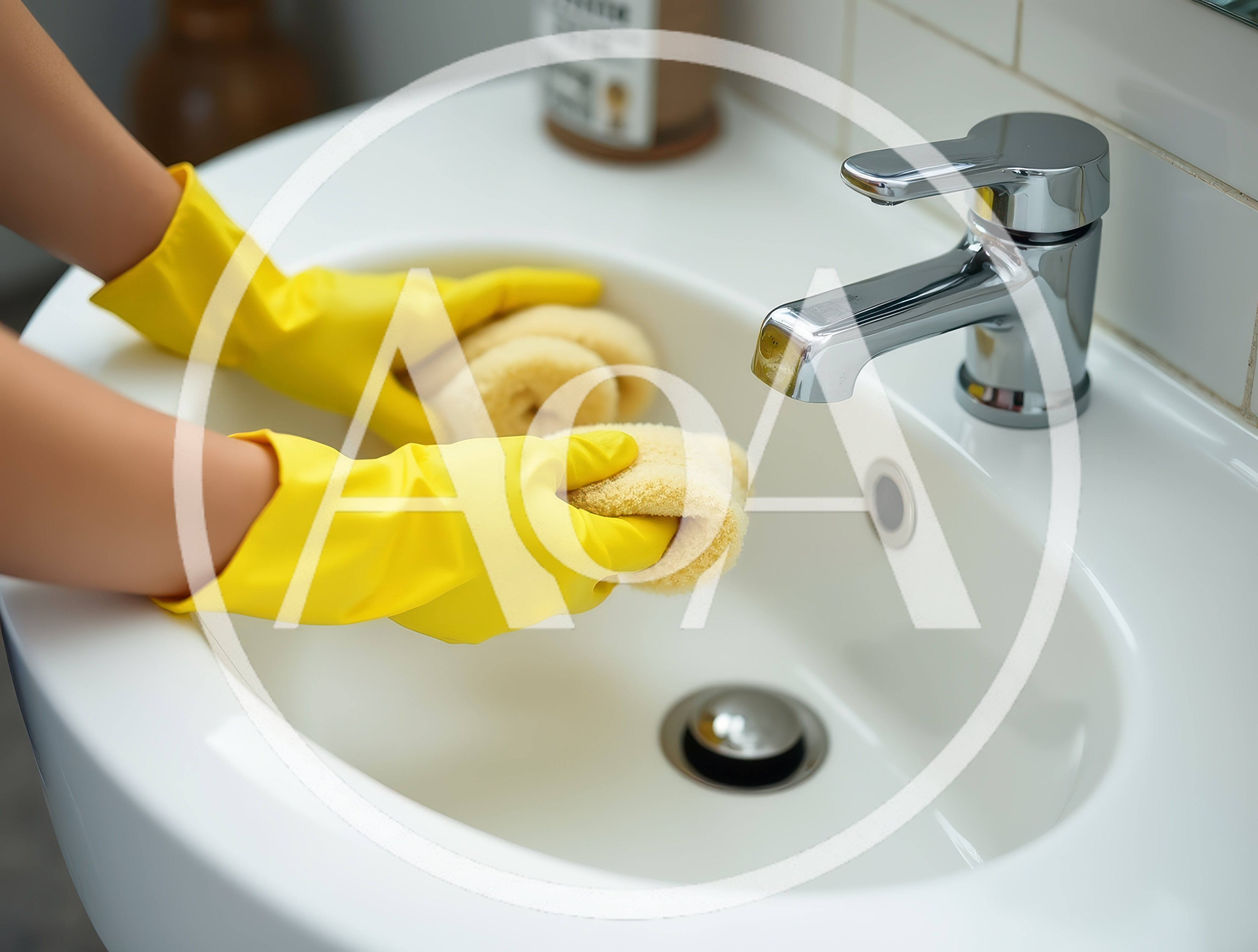 Person Cleaning Bathroom Sink With Yellow Rubber Gloves
