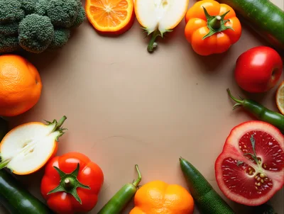 Fresh Assorted Vegetables and Fruits Arranged in a Circle