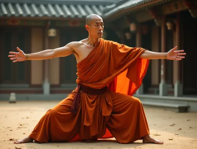Buddhist Monk Practicing Martial Arts In Temple Courtyard