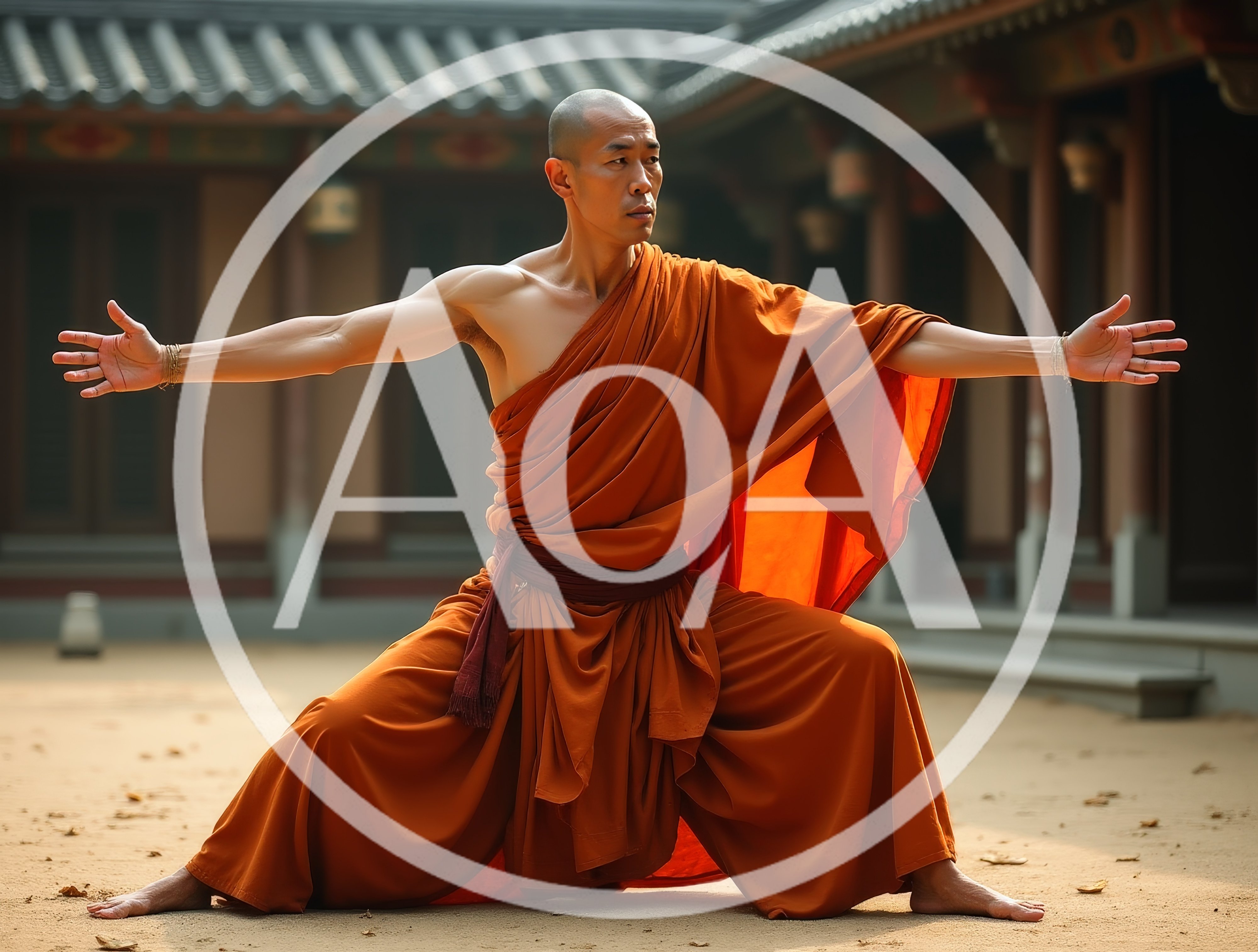 Buddhist Monk Practicing Martial Arts In Temple Courtyard