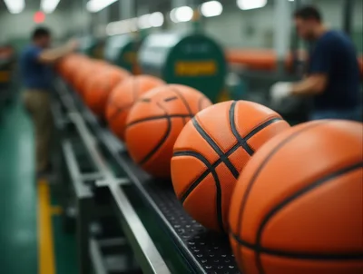 Basketballs Moving Along A Factory Assembly Line