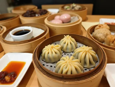Steamed Soup Dumplings in Bamboo Steamer Basket