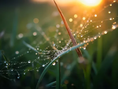 Dew Drops On A Spider Web At Sunrise