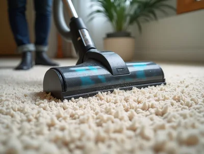 Person Vacuuming Thick Shag Carpet In Living Room