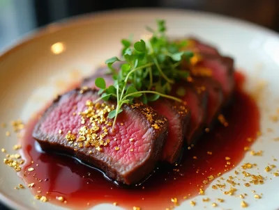 Gourmet Sliced Beef Steak With Gold Leaf Garnish