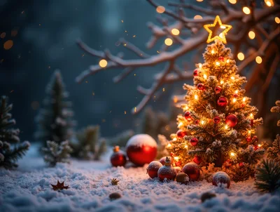Small Decorated Christmas Tree In Snowy Forest