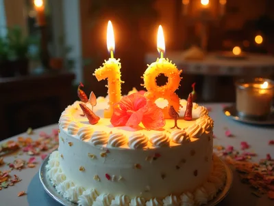 Birthday Cake With Lit Number Eighteen Candles