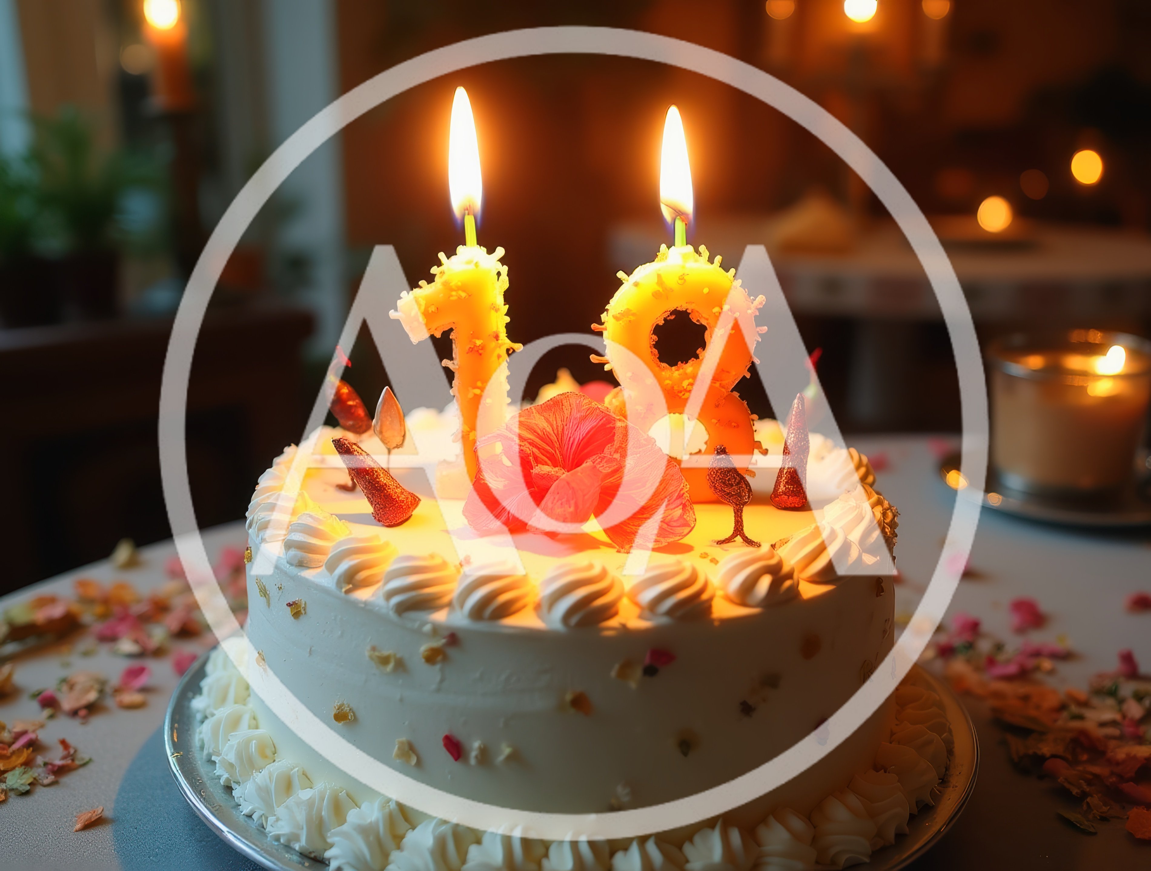 Birthday Cake With Lit Number Eighteen Candles
