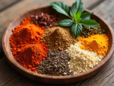 Assorted Spices Arranged In A Wooden Bowl