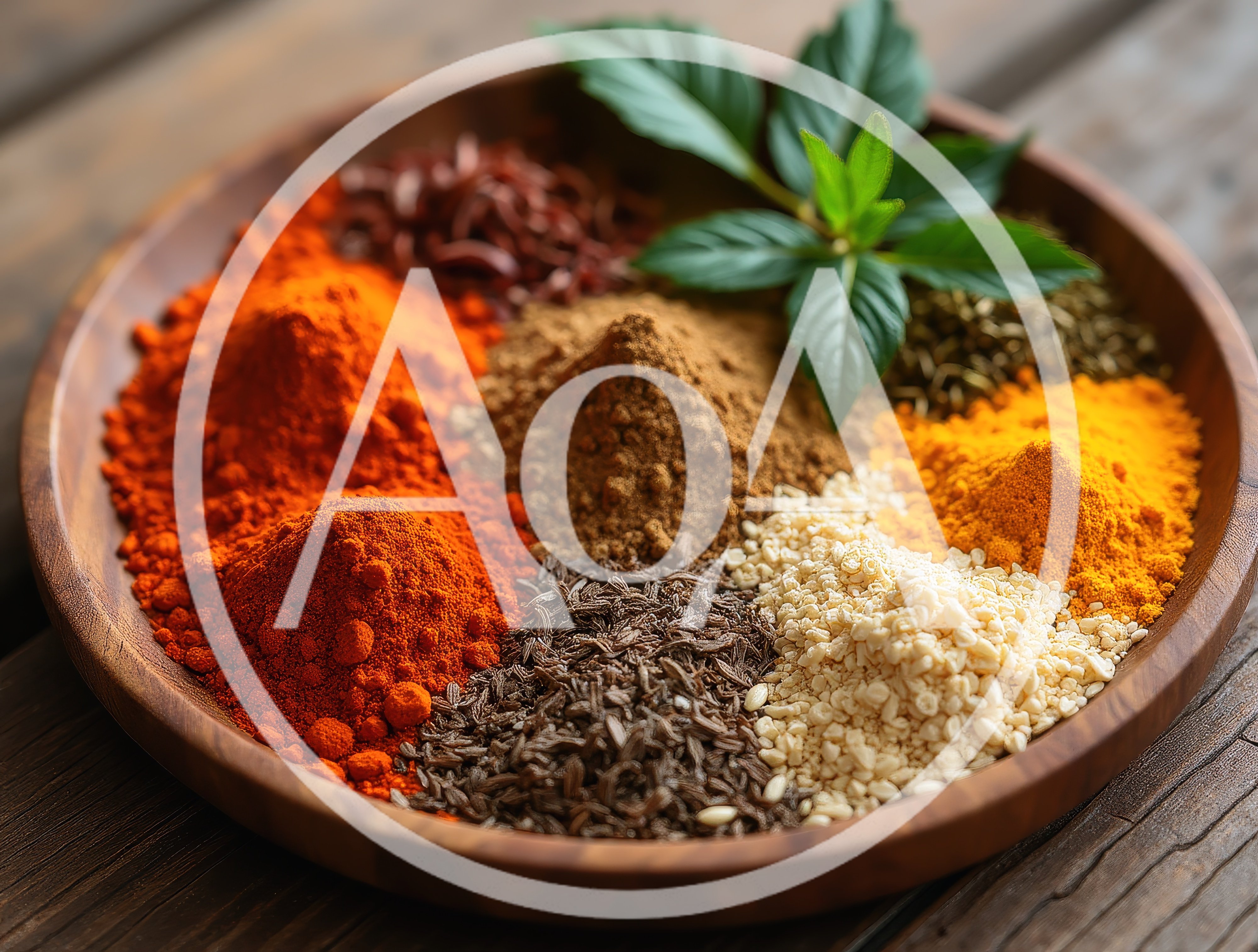 Assorted Spices Arranged In A Wooden Bowl