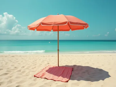 Coral Beach Umbrella And Blanket On Sandy Shore