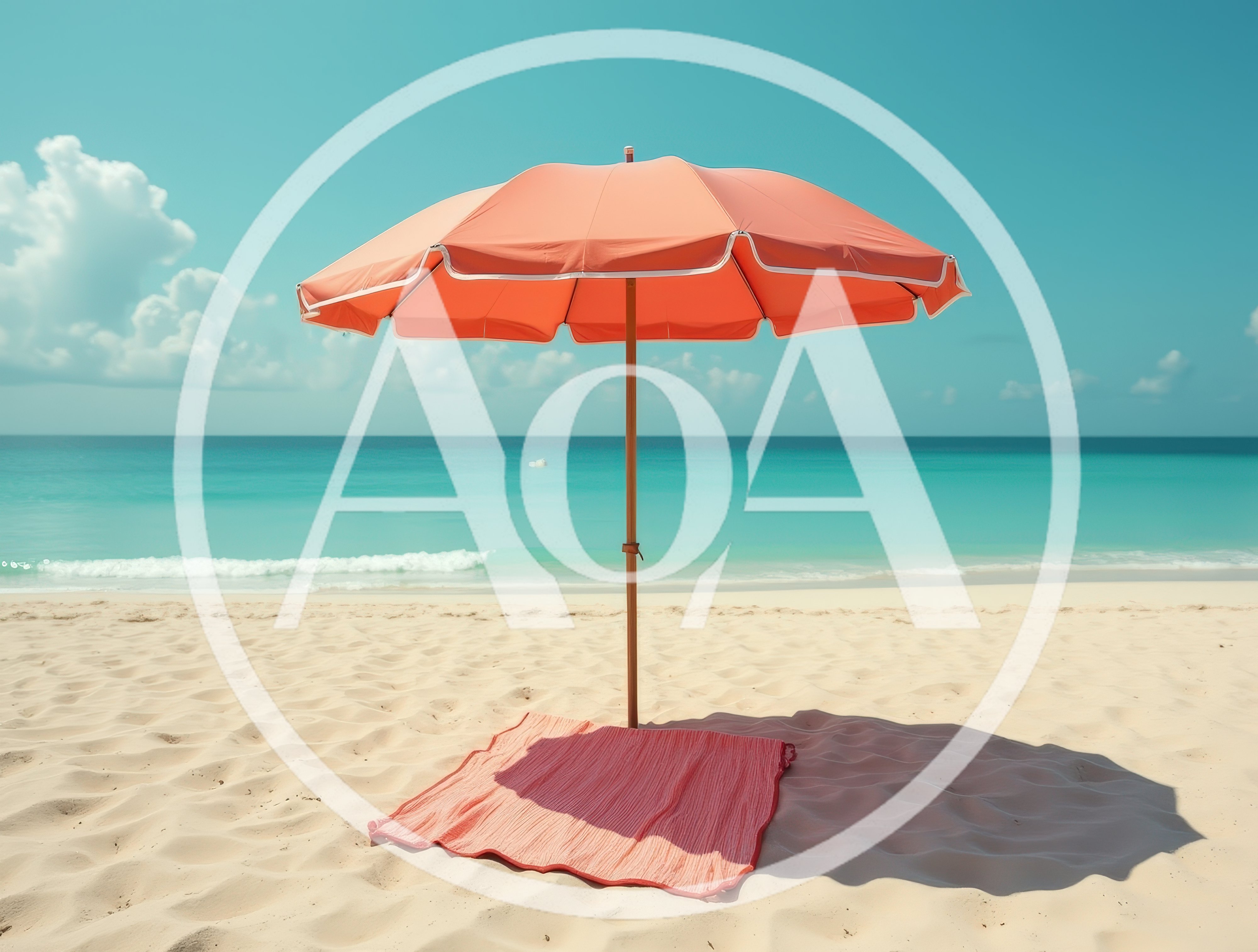 Coral Beach Umbrella And Blanket On Sandy Shore