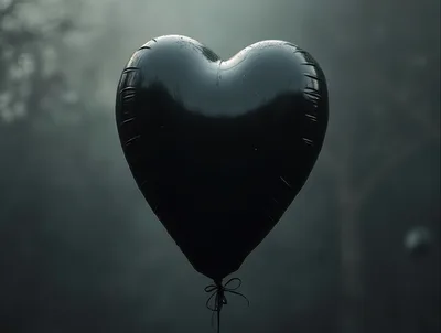 Black Heart Shaped Balloon Floating In Misty Forest