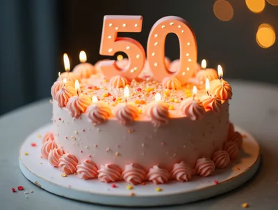 Pink Birthday Cake With Number Fifty Topper