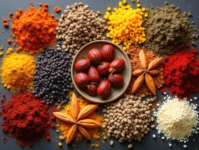 Assorted Spices and Seeds Arranged on Dark Surface