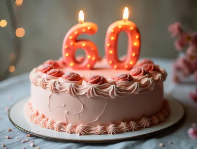 Pink Birthday Cake With Number Sixty Candles